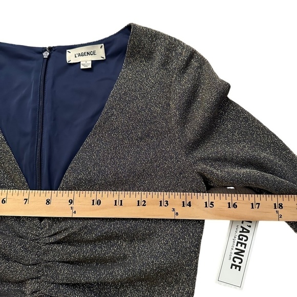 L’Agence Womens Size 2 Dries Gold/Blue Metallic V-Neck Mini Ruched Dress Party - Picture 12 of 16